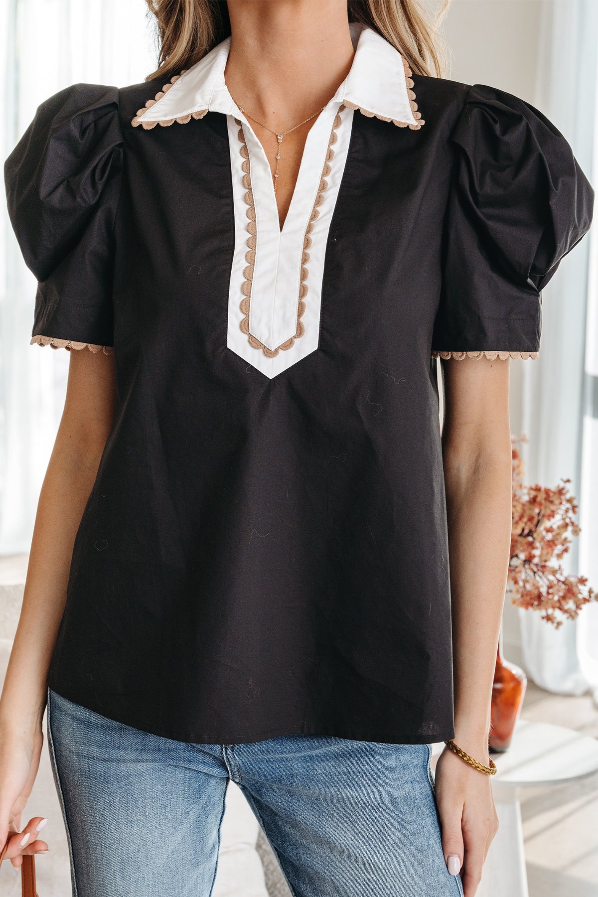 Cotton Black Ricrac Trim Color Block Patchwork Shirt Collar Short Sleeve Blouse