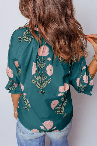 Sky Blue Casual Wild Flower Print V Neck 3/4 Sleeve Blouse Nataliz