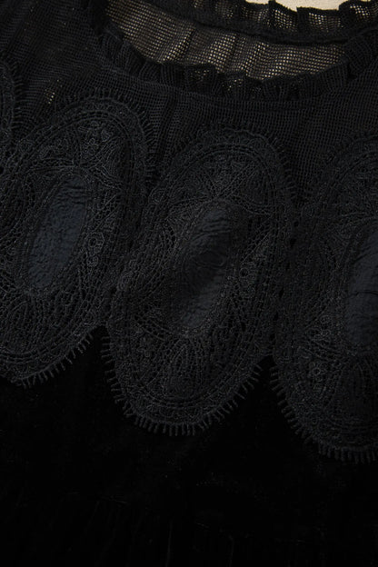 Black Embroidered Velvet Short Sleeve Mini Shift Dress