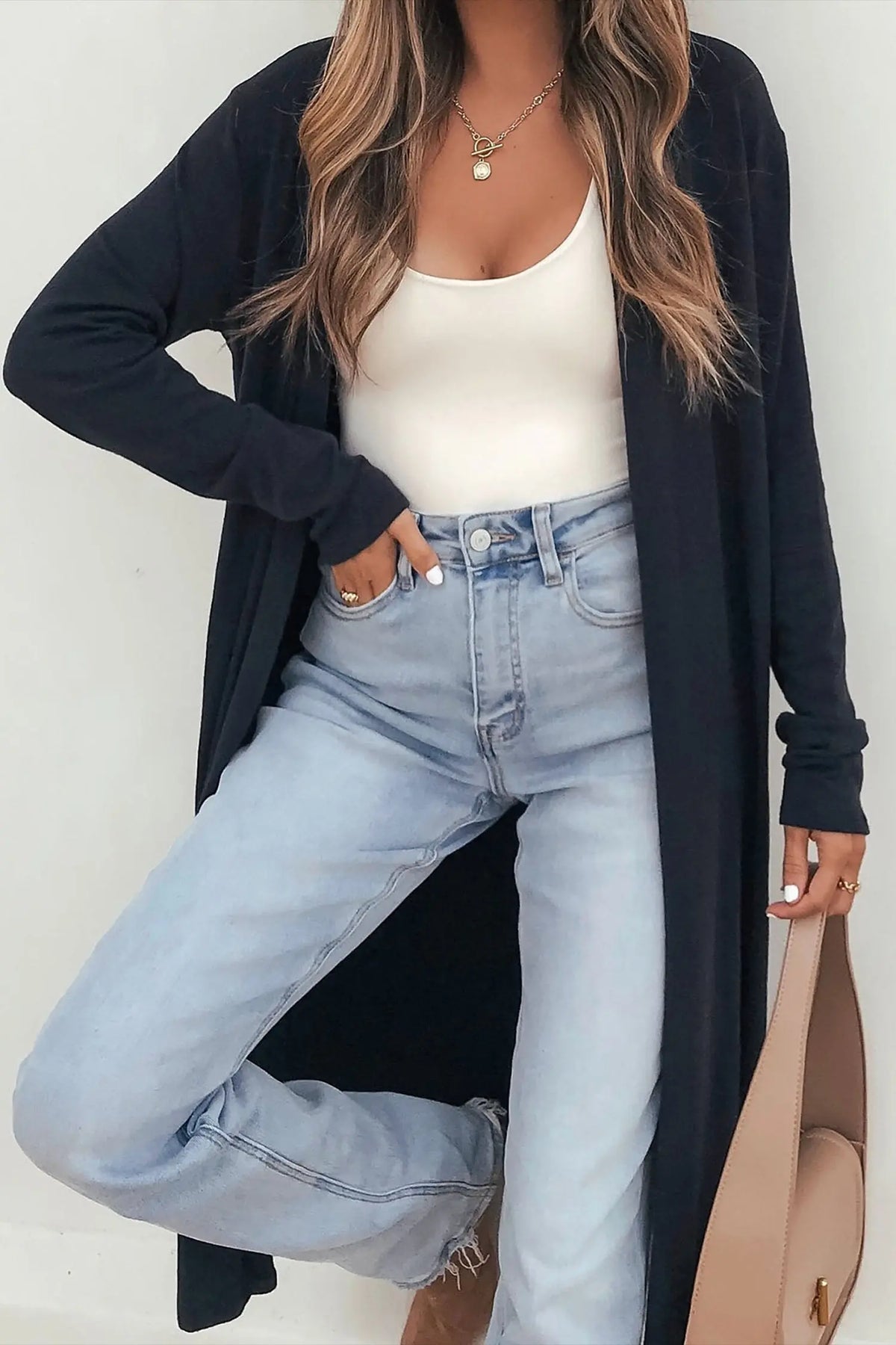 Dirty blue solid color long sleeve casual tunic shift cardigan model front view · nz-alt-v1