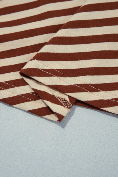 Brown Stripe Striped Colorblock Cuffs Round Neck Long Sleeve Shift Dress