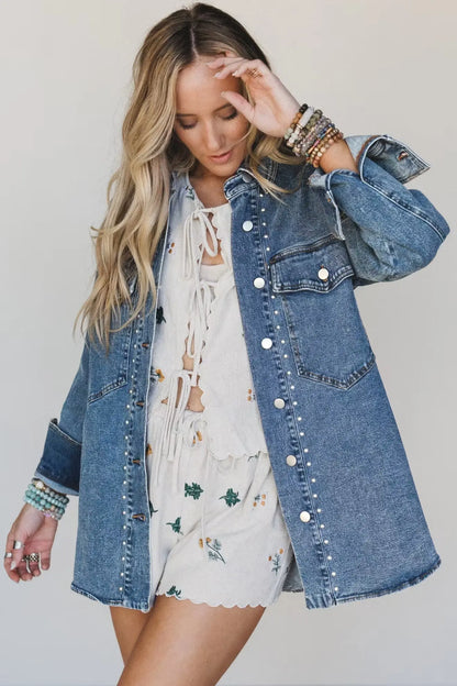 Sail Blue Rivet Embellished Western Style Regular Fit Long Sleeve Denim Jacket