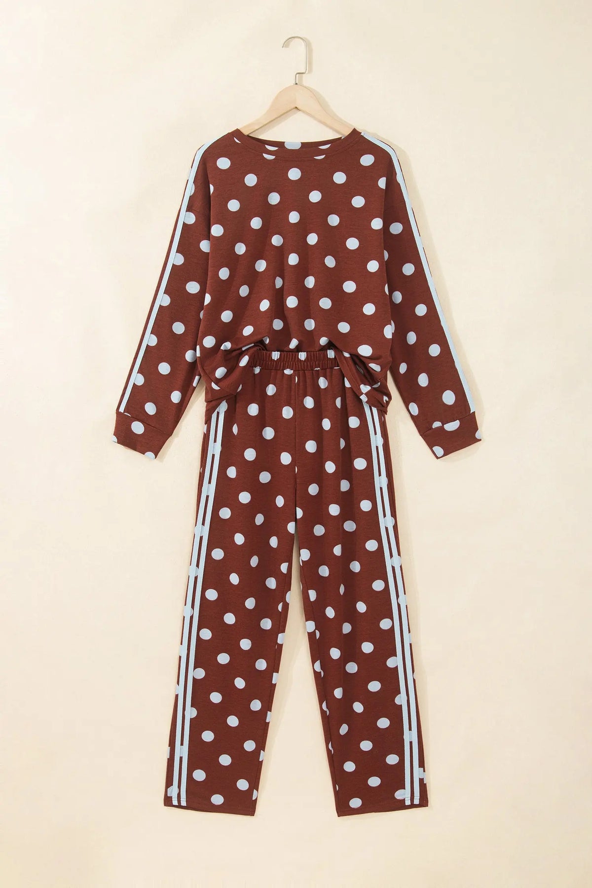 Pink Polka Dot Print Side Stripe Detail Long Sleeve Top Casual Pant Set