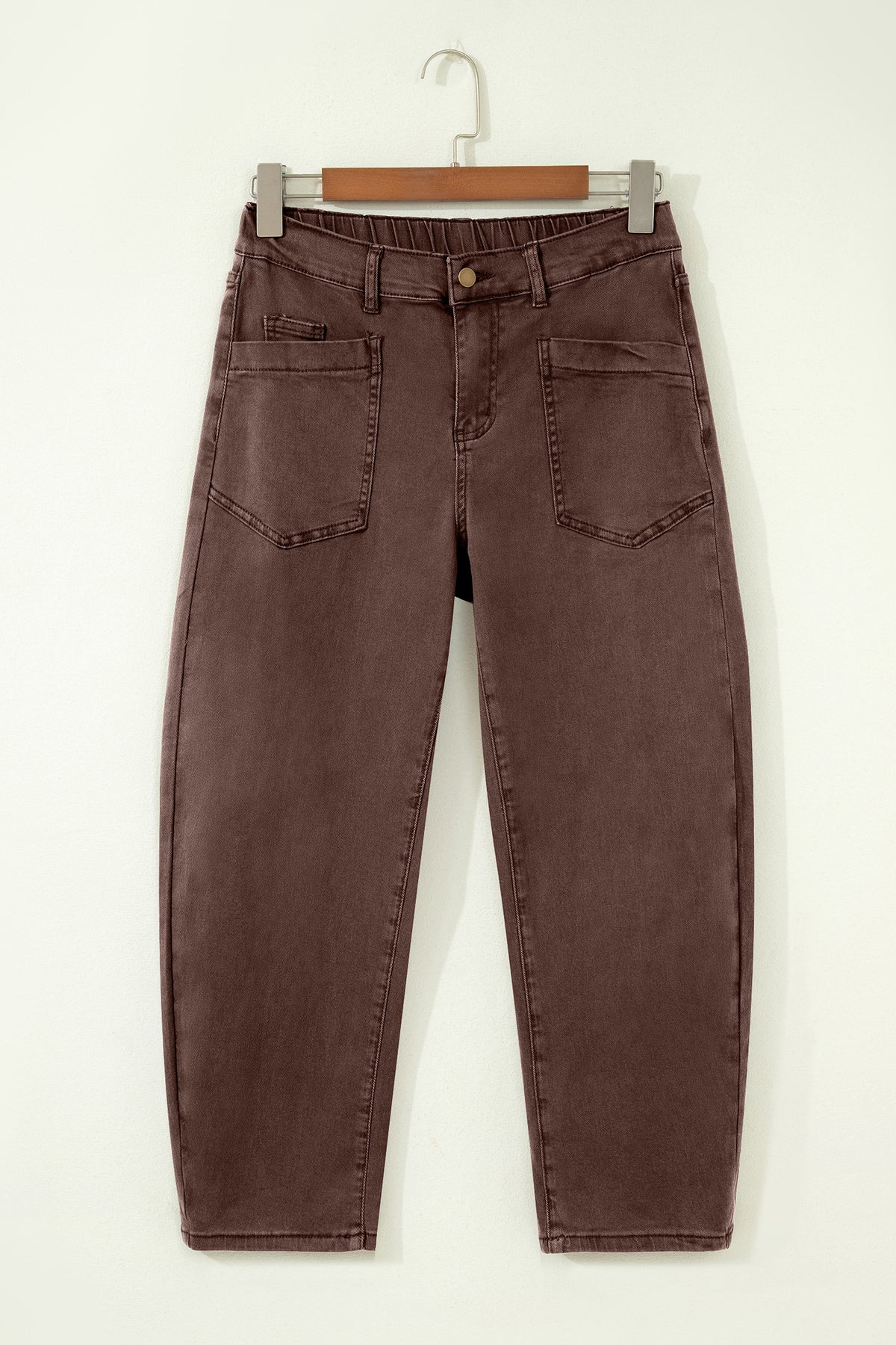 Solid Color Square Patch Pocket Ankle-length Barrel Jeans