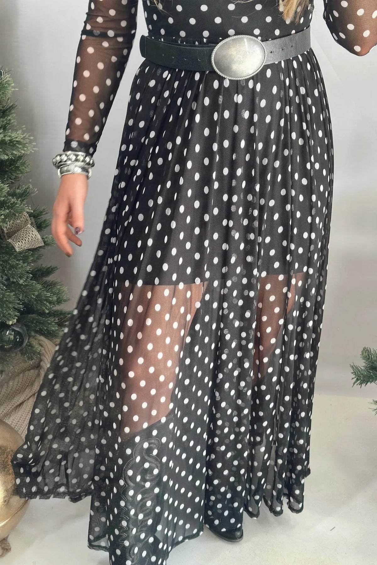 Black Polka Dot Pattern Mesh Long Sleeve Maxi Dress 2pcs Set detail view · nz-alt-v1
