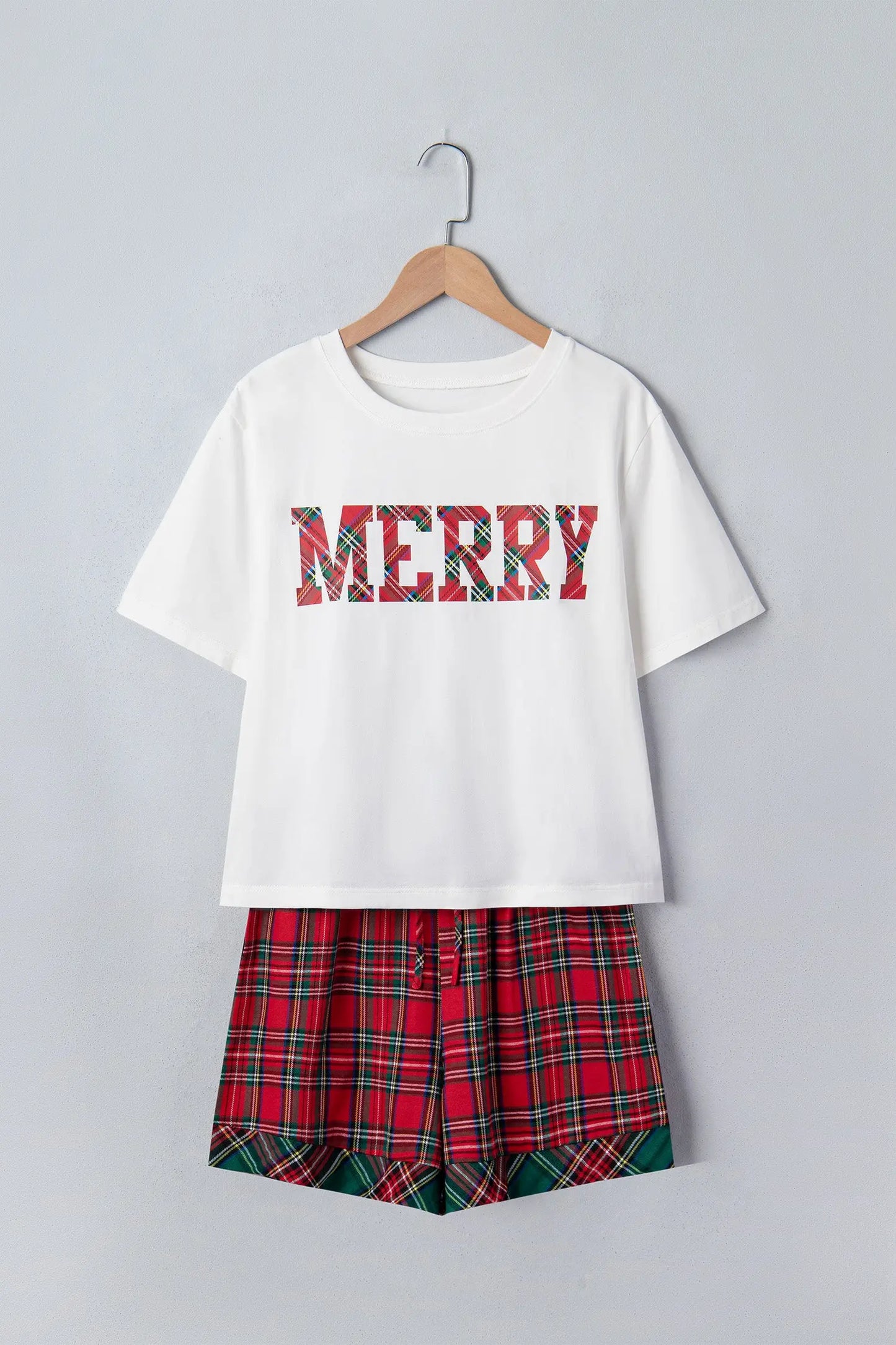 White Plaid Letter Print Short Sleeve Top Elastic Waist Pocket Shorts Lounge Set