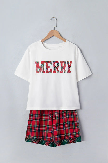 White Plaid Letter Print Short Sleeve Top Elastic Waist Pocket Shorts Lounge Set