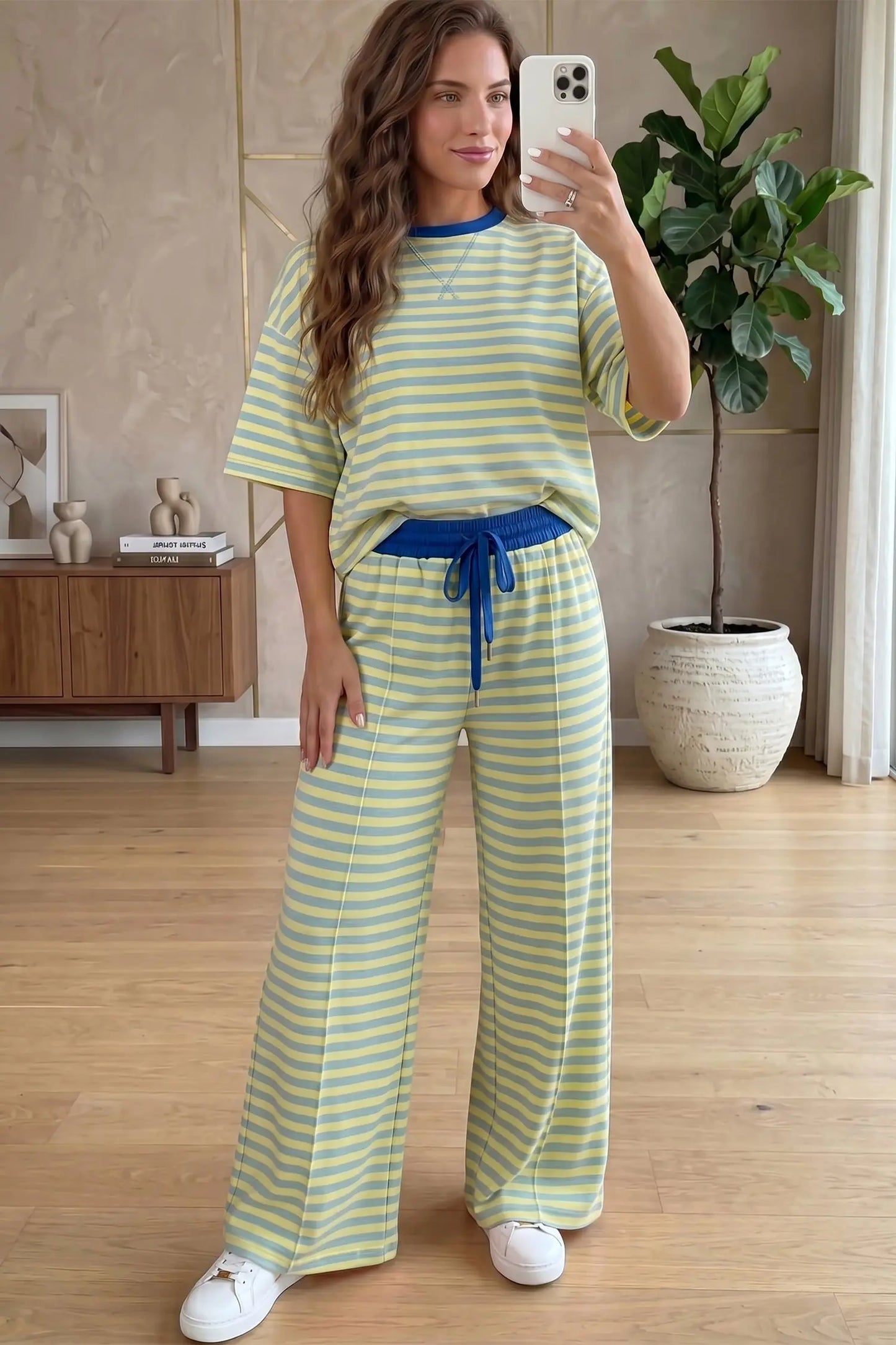 Yellow Stripe Colorblock Trim Crew Neck Loose Tee Drawstring Elastic Waist 2pcs Pant Set