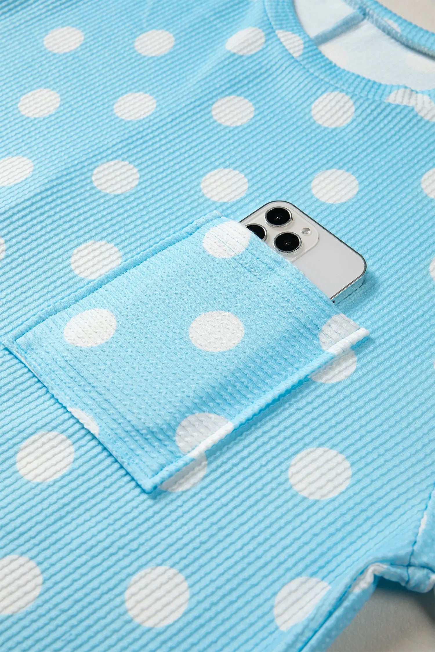 Sky Blue Polka Dot Round Neck Drop Shoulder Patch Pocket Jacquard Texture Top Nataliz