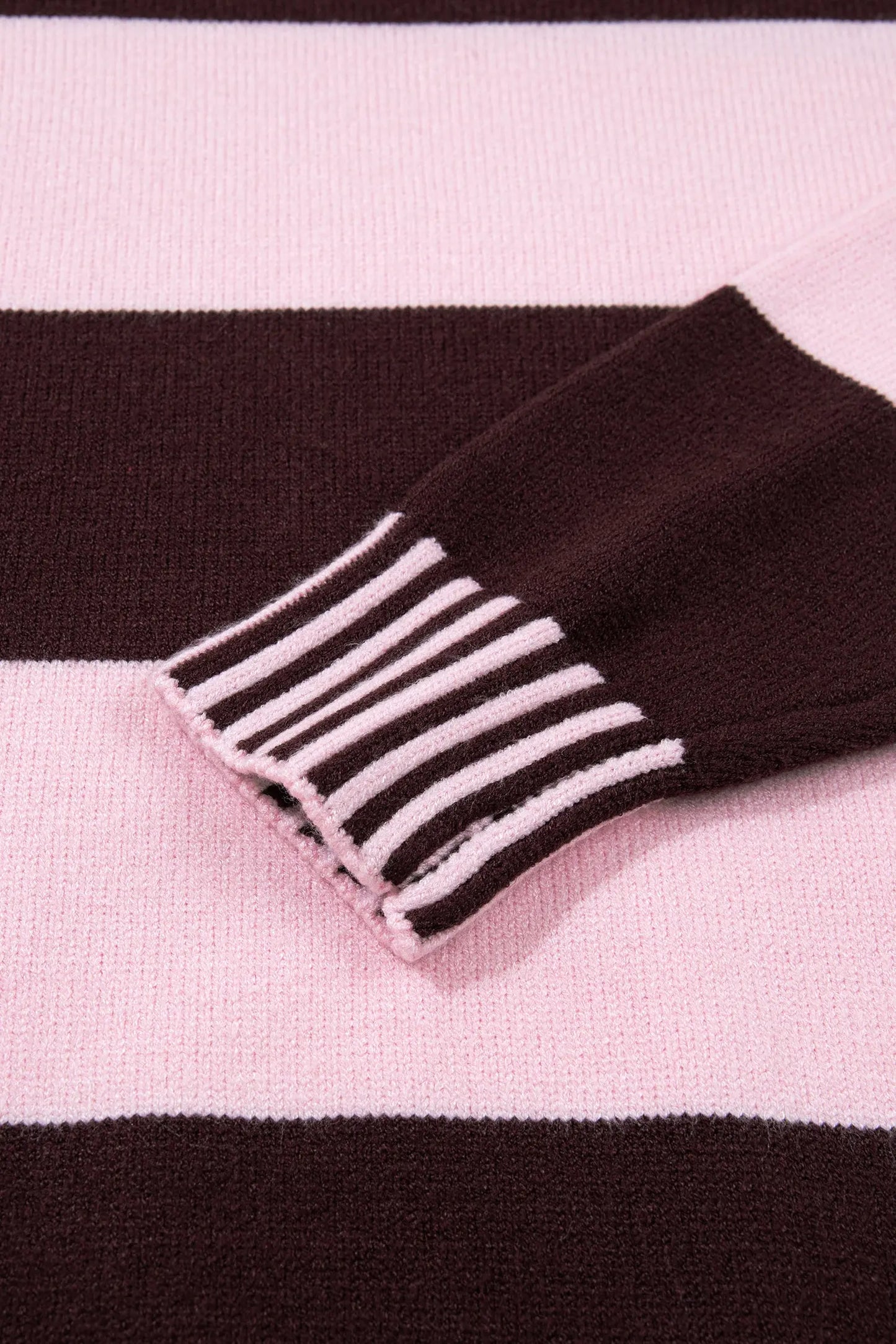 Pink Stripe Contrast High Neck Dropped Shoulder Relaxed Pullover Sweater