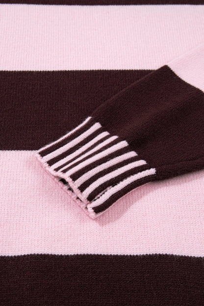 Pink Stripe Contrast High Neck Dropped Shoulder Relaxed Pullover Sweater