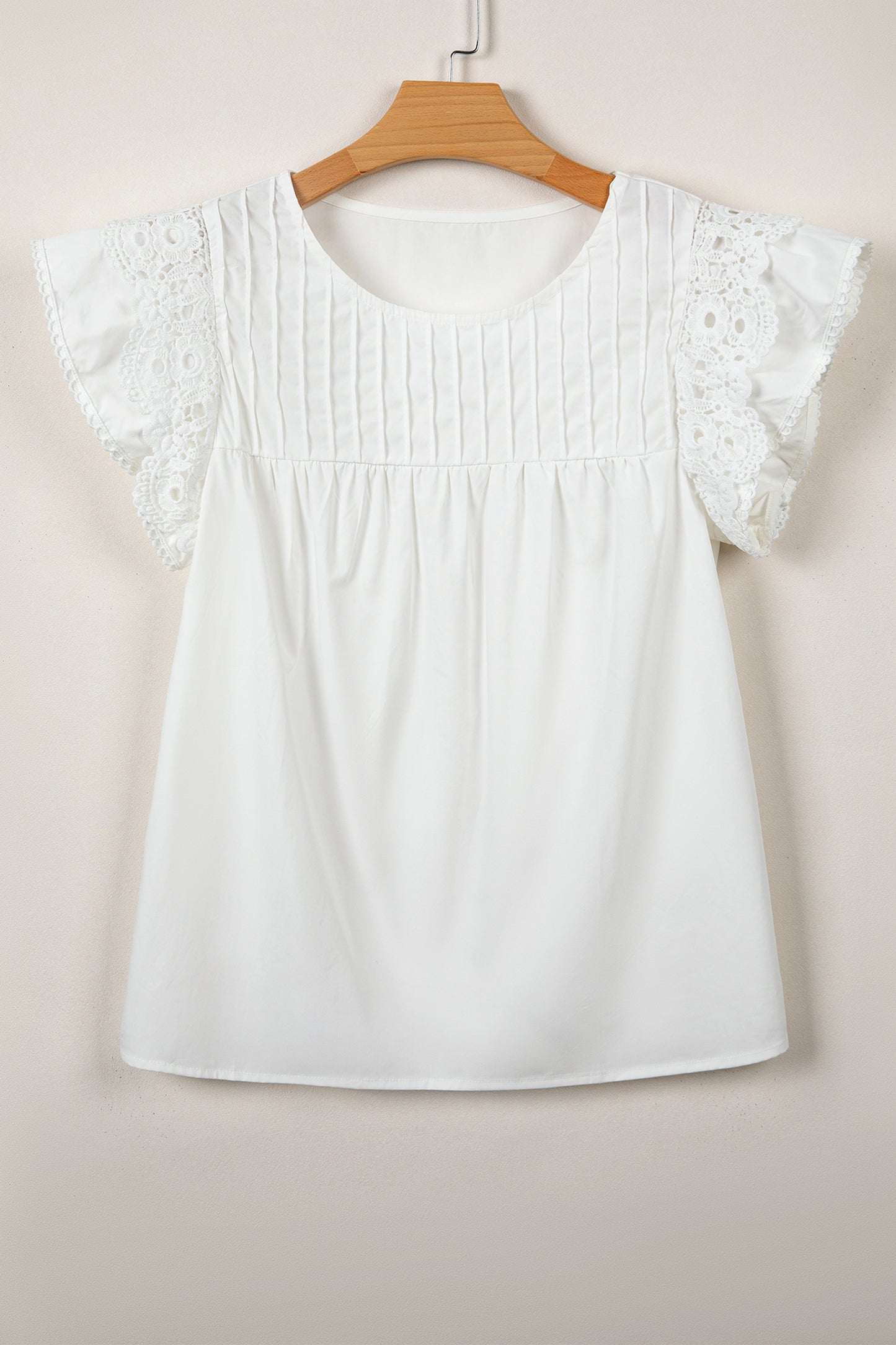 Bonbon Lace Detail Flutter Sleeve Pleated Round Neck Blouse