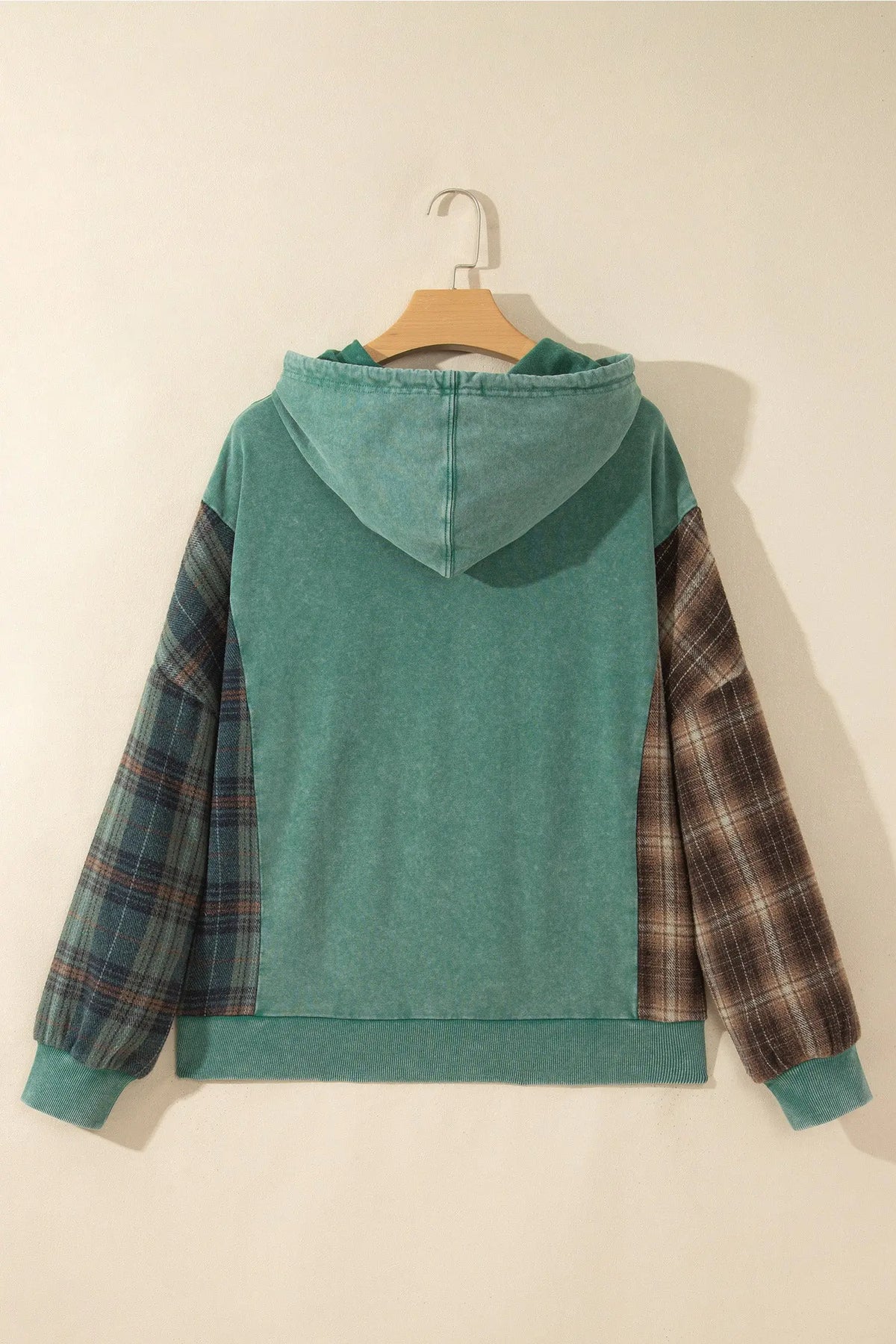 Smoke Green Plaid Colorblock Hoodie hanging view · nz-alt-v1