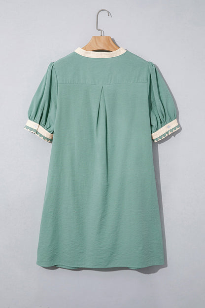 Canton Scallop Color Block Trim Puff Sleeve Mini Dress - Casual Dresses