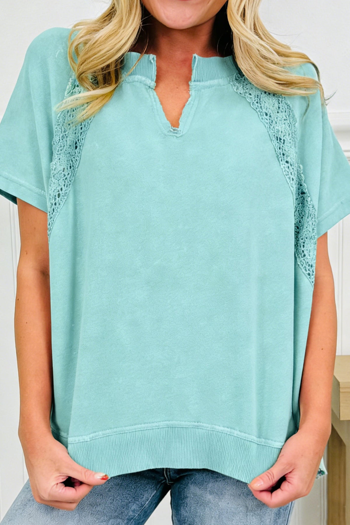 Cotton Raw Cut Notched Neck Lace Patchwork Detail Mineral Wash Tee