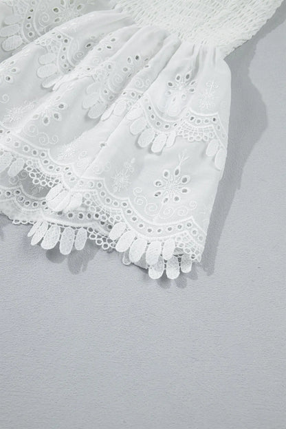White Sleeveless Smocked Lace Peplum Top