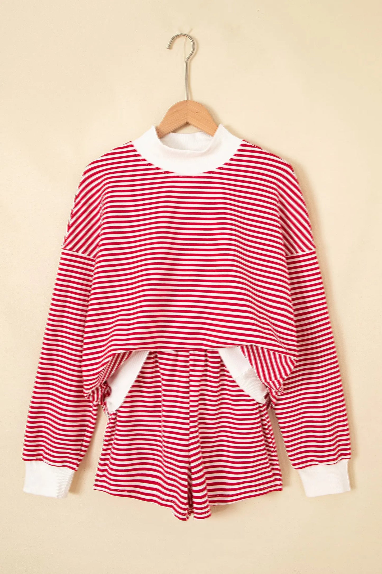 Red Stripe Oversize Mock Neck Sweatshirt and Shorts Set