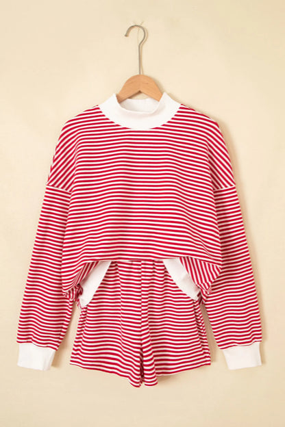 Red Stripe Oversize Mock Neck Sweatshirt and Shorts Set