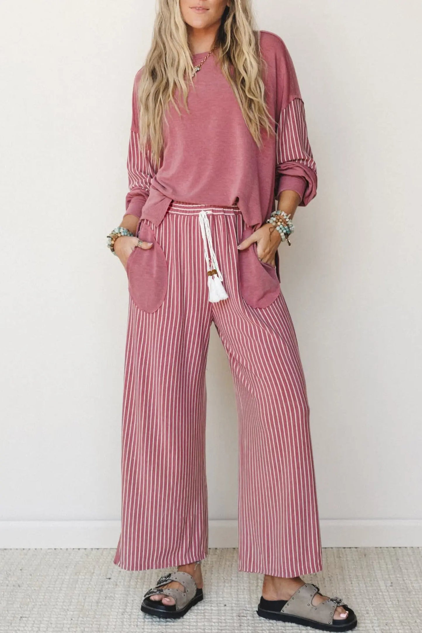 Green Bay Raw Seam Patchwork Long Sleeve Top Pocket Casual Pants 2pcs Set