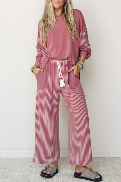 Green Bay Raw Seam Patchwork Long Sleeve Top Pocket Casual Pants 2pcs Set