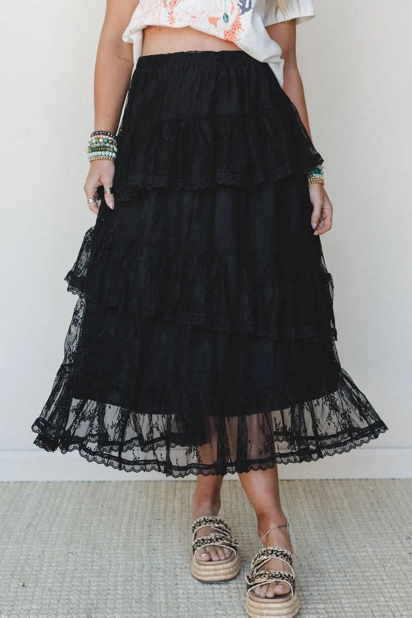 Black Elegant Ruffle Lace Tiered Skirt