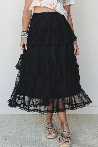 Black Elegant Ruffle Lace Tiered Skirt