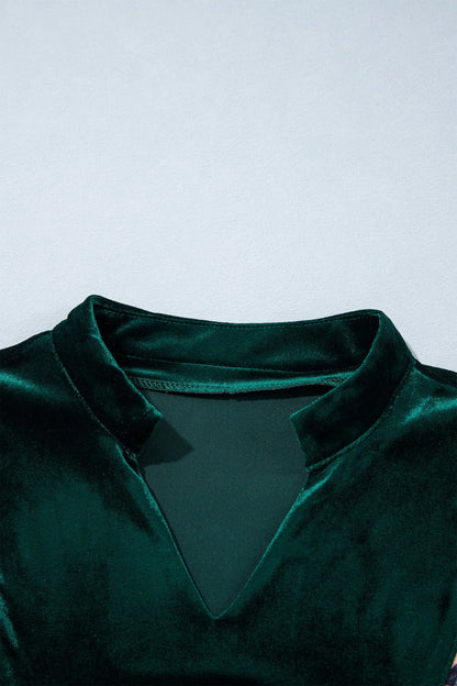 Blackish Green Leopard Trim Velvet Long Sleeve Shift Dress
