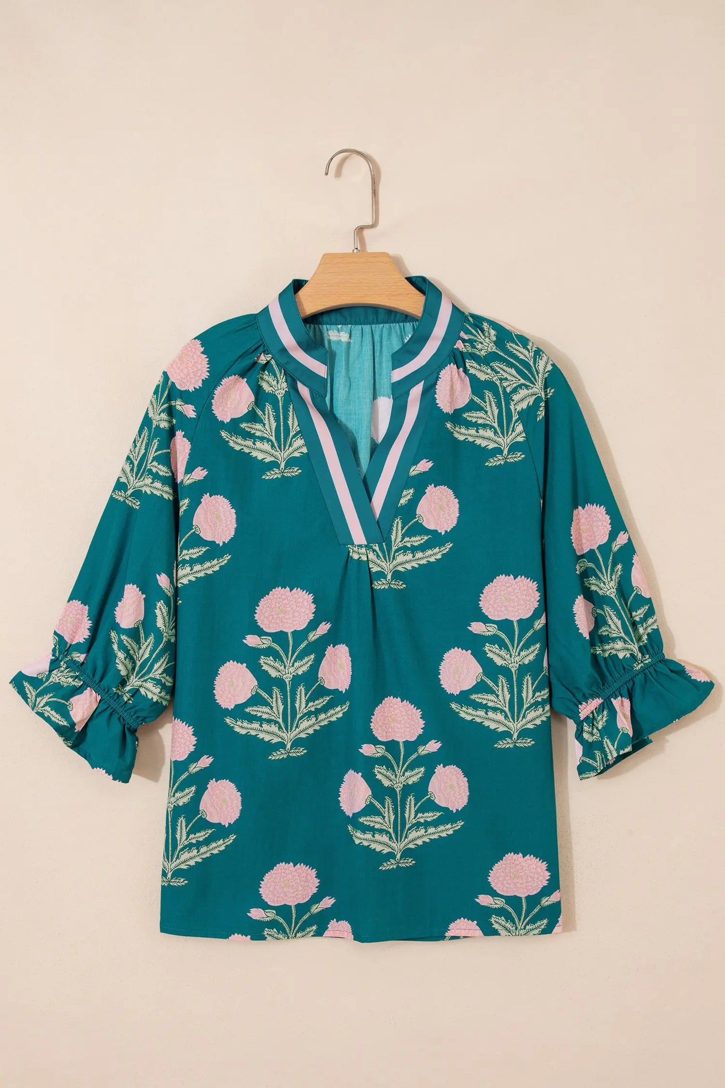 Sky Blue Casual Wild Flower Print V Neck 3/4 Sleeve Blouse Nataliz
