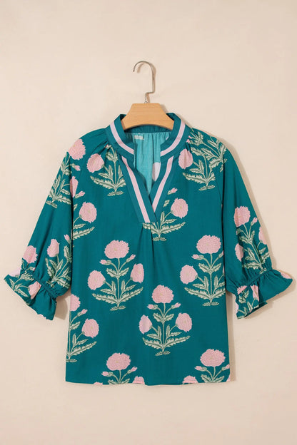 Sky Blue Casual Wild Flower Print V Neck 3/4 Sleeve Blouse Nataliz