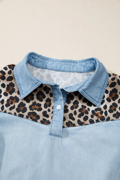 Myosotis Denim Color Block Leopard Patchwork Shirt Collar T Shirt Mini Dress Dear-Lover Dropshipping