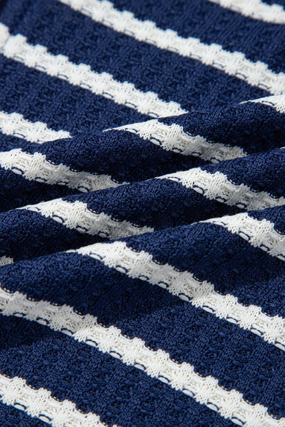 Blue Stripe Textured Knit Half Zip Collared Long Sleeve Top