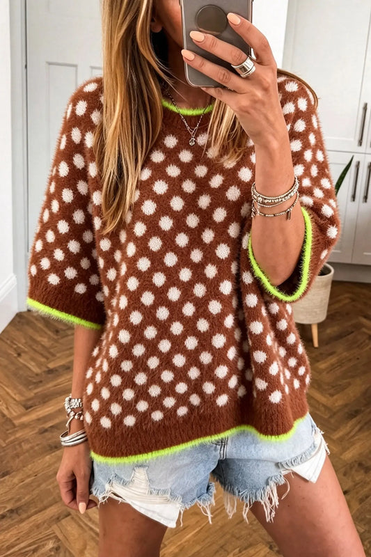 Coffee Polka Dot Contrast Trim Round Neck Half Sleeve Sweater model front view · nz-alt-v1