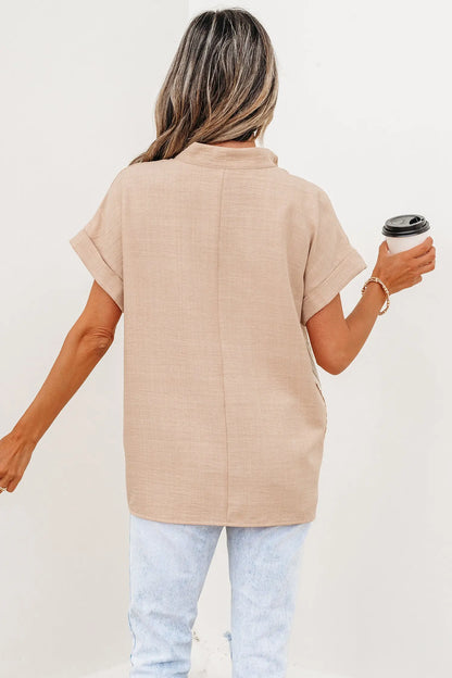 Parchment Crochet Lace Accent Pullover Rolled Short Sleeve Blouse Nataliz