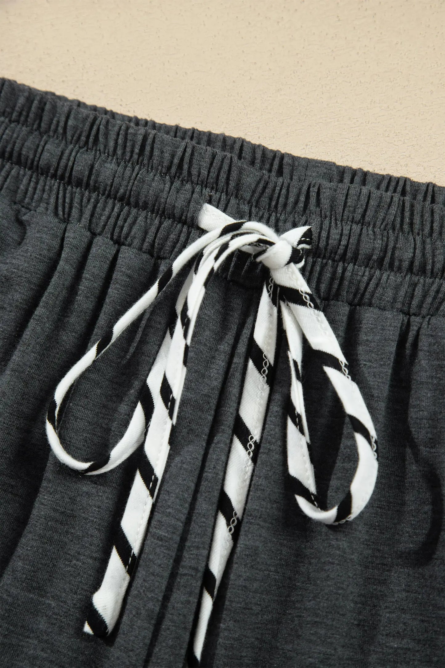 Gray Stripe V Neck Ruffle Contrast Sleeve Top Drawstring Pants 2pcs Set