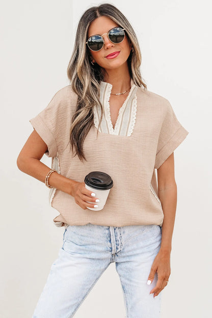Parchment Crochet Lace Accent Pullover Rolled Short Sleeve Blouse Nataliz
