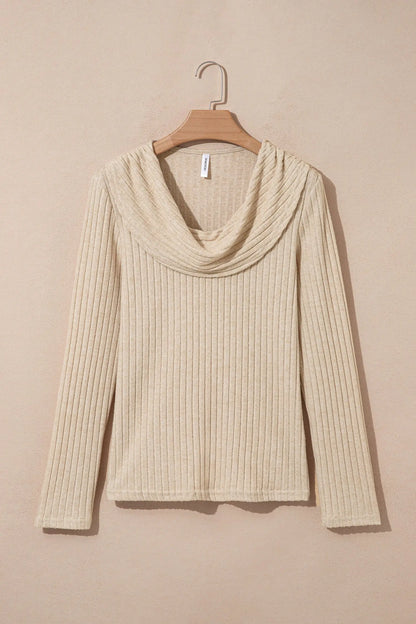 Apricot Solid Color Ribbed Knit Cowl Neck Long Sleeve Top