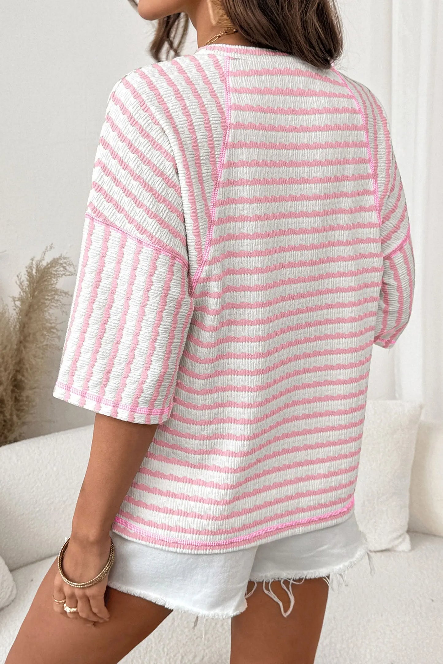 Brown Stripe Textured Knit Split Hem Half Sleeve Loose Top Nataliz