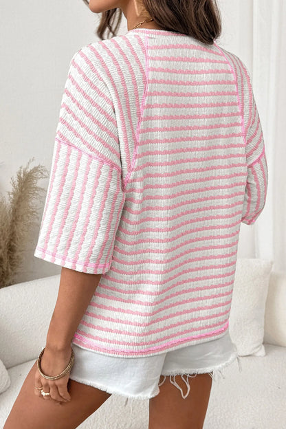 Brown Stripe Textured Knit Split Hem Half Sleeve Loose Top Nataliz