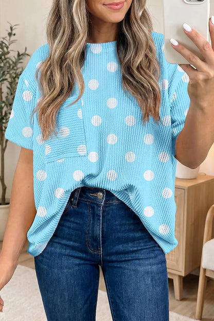 Sky Blue Polka Dot Round Neck Drop Shoulder Patch Pocket Jacquard Texture Top Nataliz