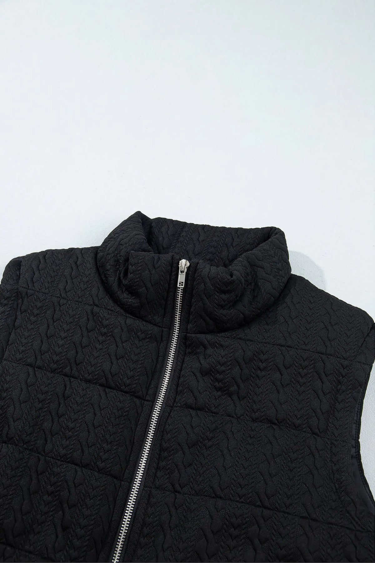 Black Textured Quilted Stand Neck Zipper Winter Vest