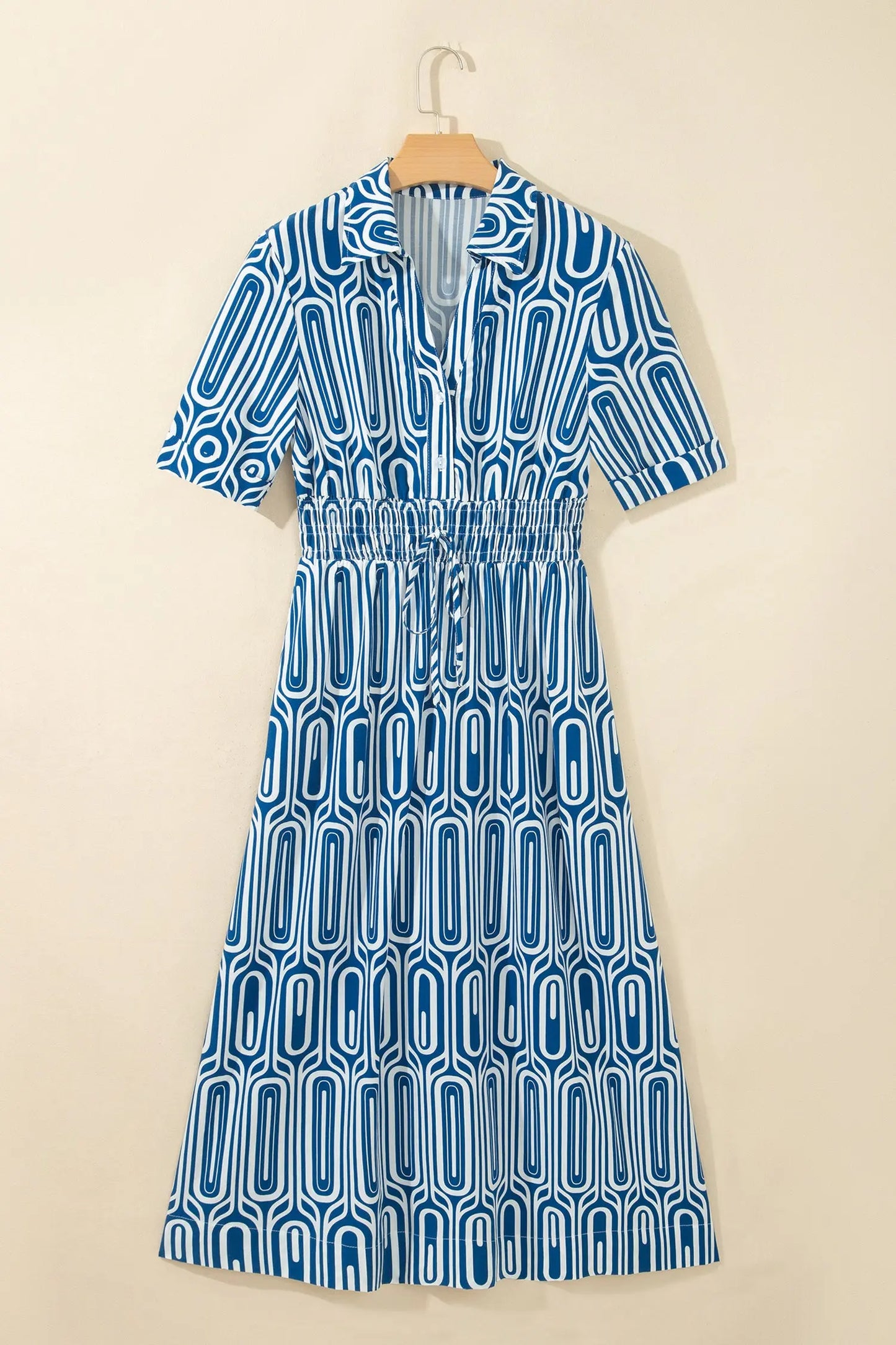 Blue Geometric Print Short Sleeve Drawstring Shirt Collar Dress