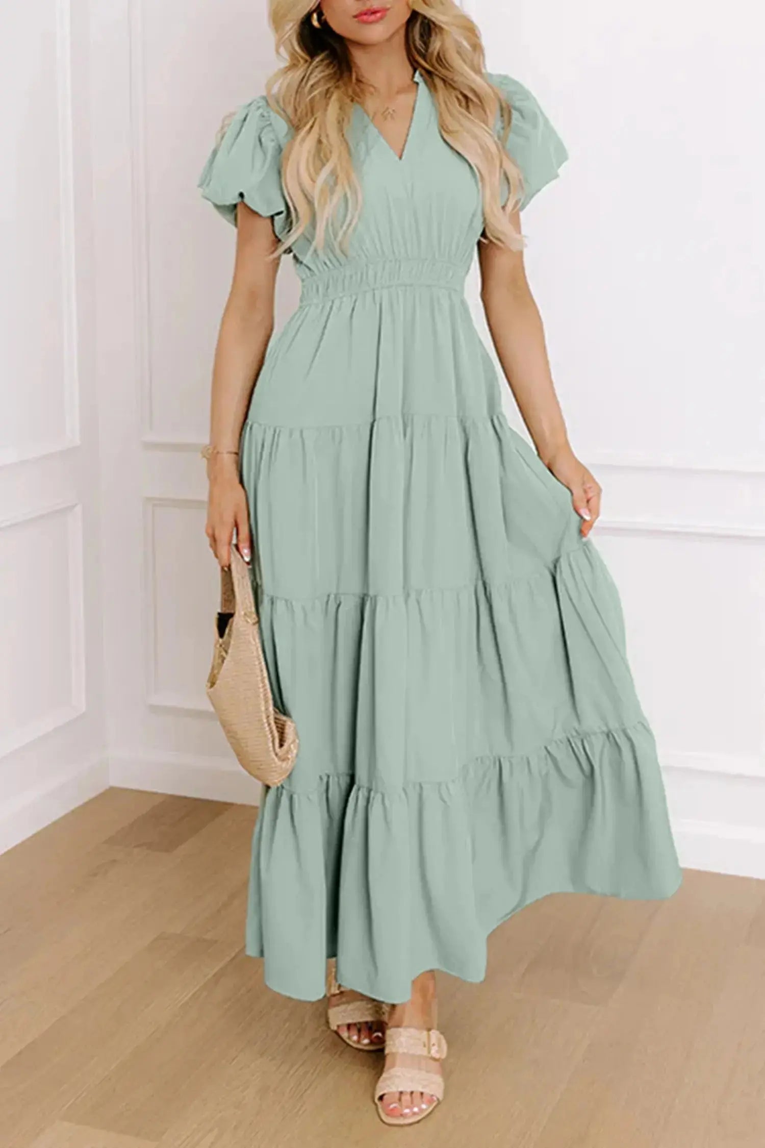 Bright Green Solid Color V Neck Short Puff Sleeve High Waist Tiered Maxi Dress - Casual Dresses