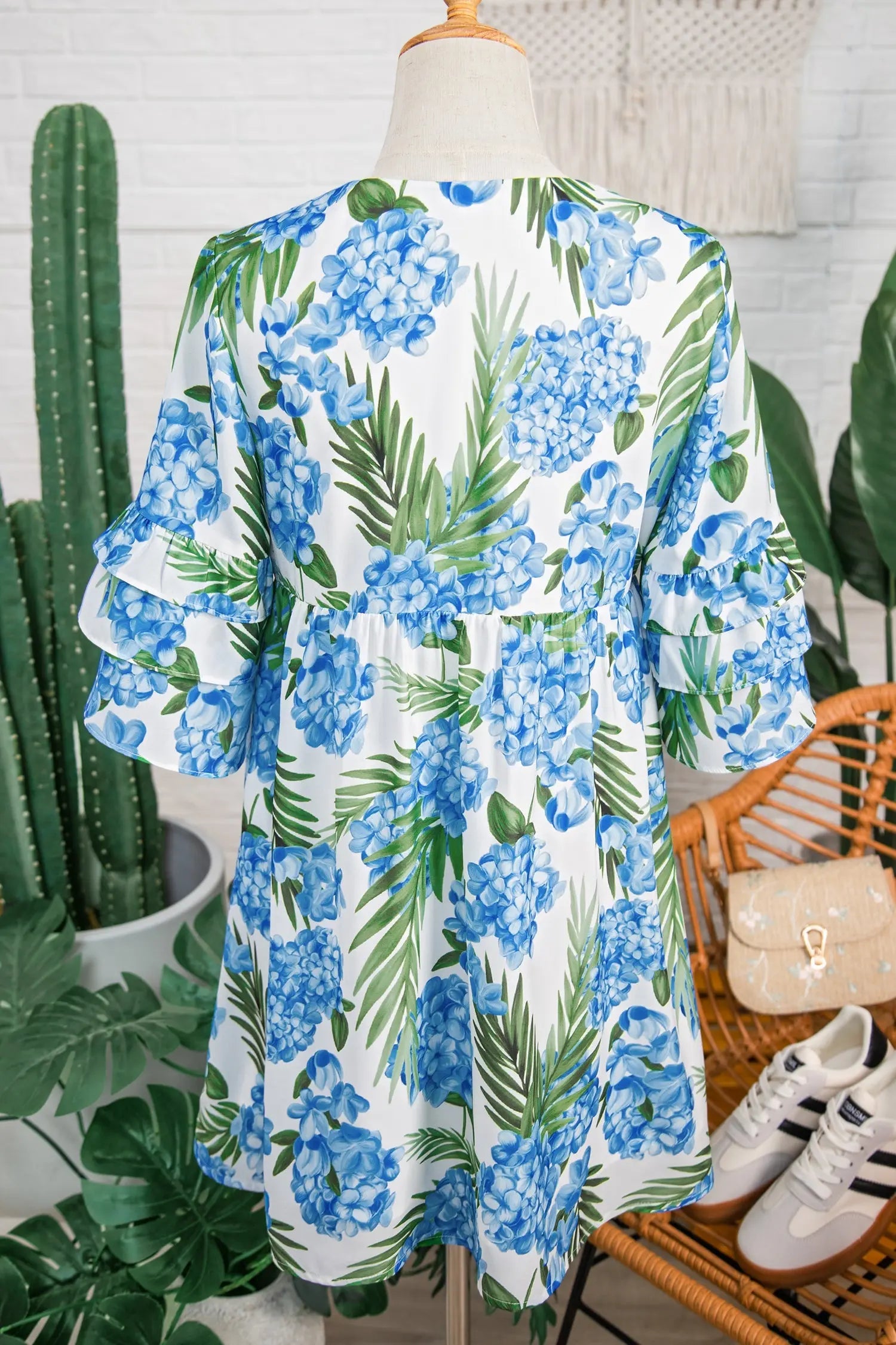 Sky Blue Palm Floral Print Contrast Ribbon Knot Ruffle Tiered Sleeve Mini Dress - Casual Dresses
