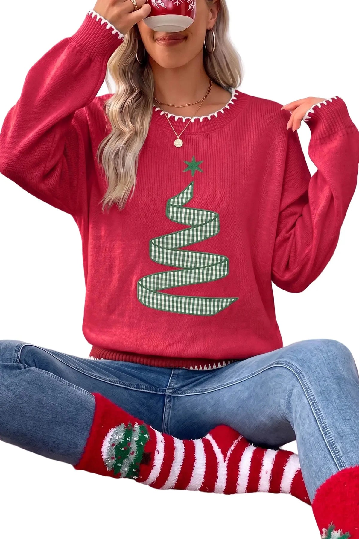 Racing Red Stitched Detail Christmas Tree Holiday Casual Sweater