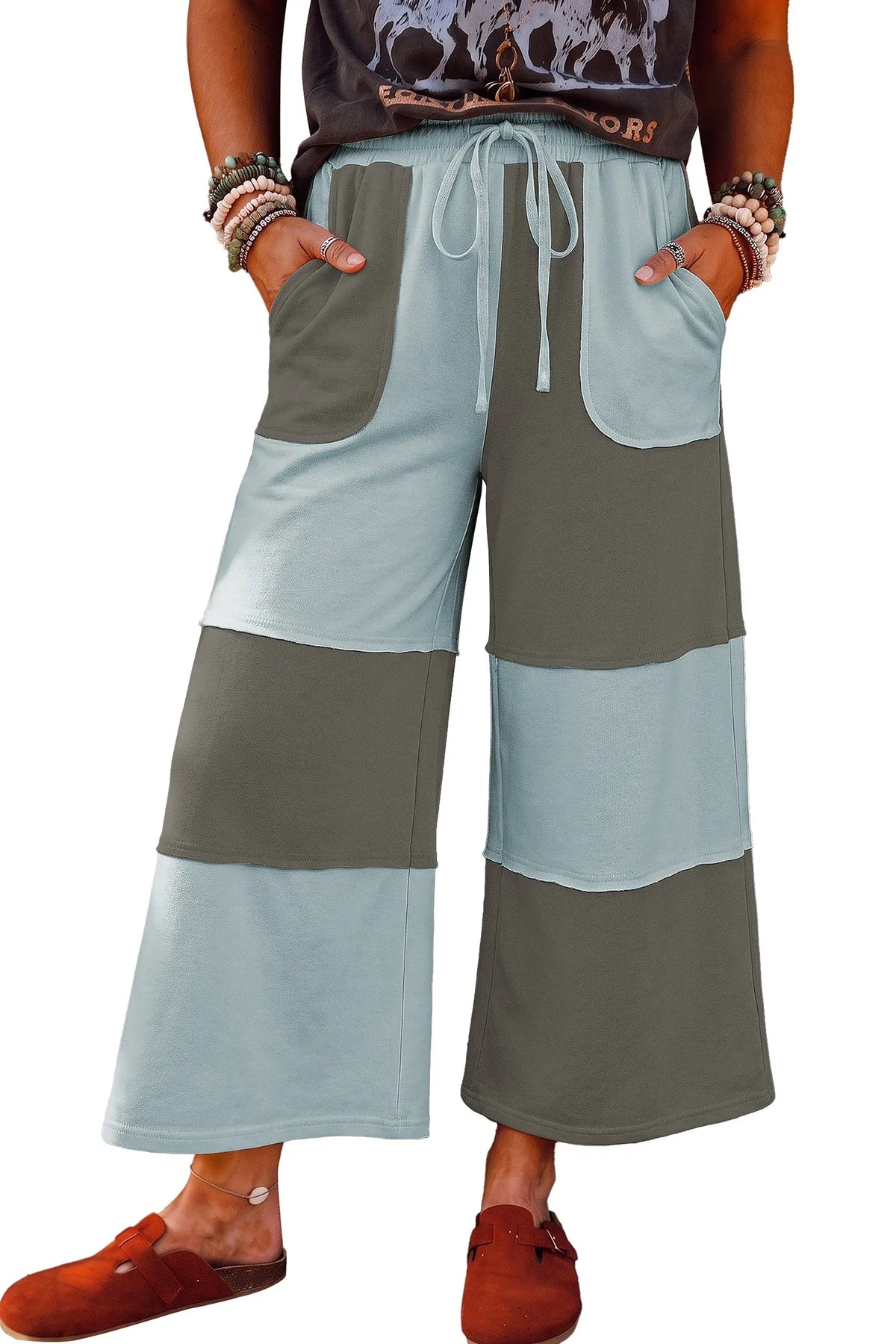 Beau Blue raw seam colorblock wide leg ankle length casual pants model front view · nz-alt-v1