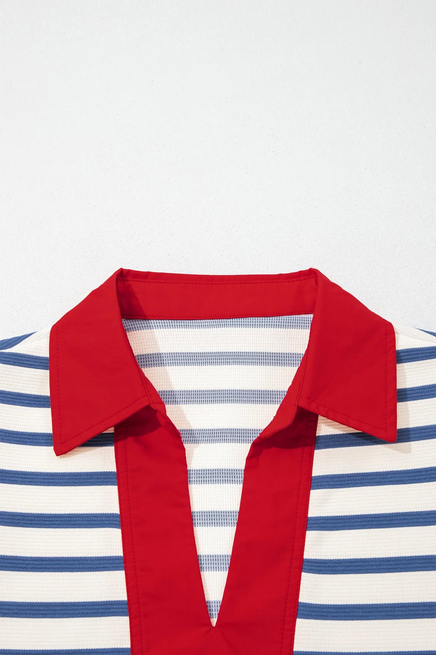 Blue Stripe Short Puff Sleeve Color Block Polo Collar Blouse Nataliz