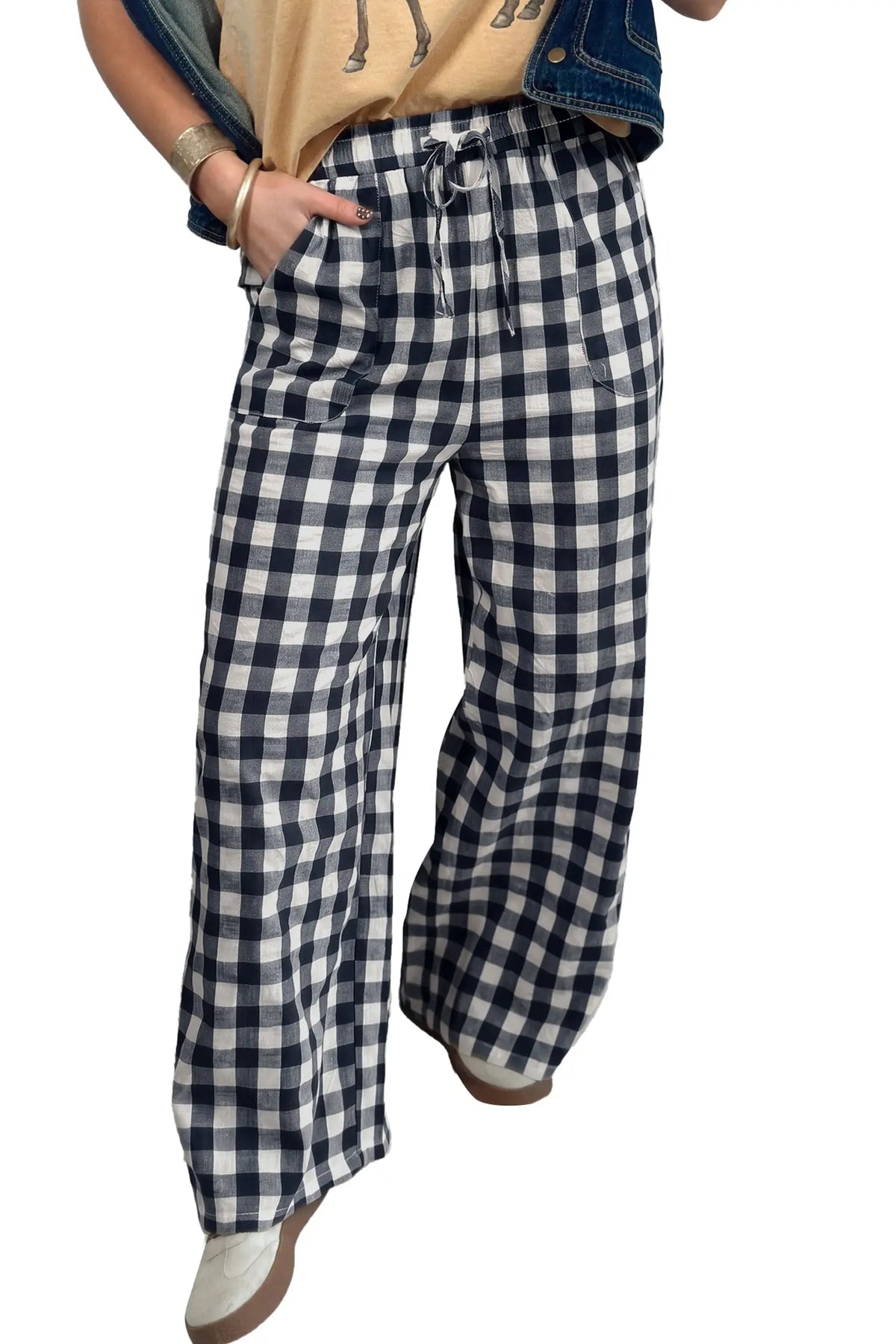 Gingham Plaid Tie Elastic Waist Shift Pants