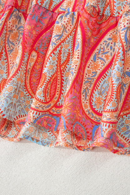 Multicolour Paisley Print V-Neck Short Sleeve Boho Maxi Dress with Ruffle Details