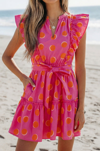 Rose Double Polka Dot V Neck Ruffled Short Sleeve Dress