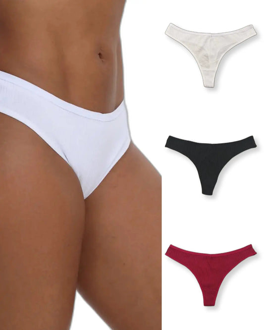 Nataliz pack of 3 stretch cotton thongs in white black and red, on model with all colors shown